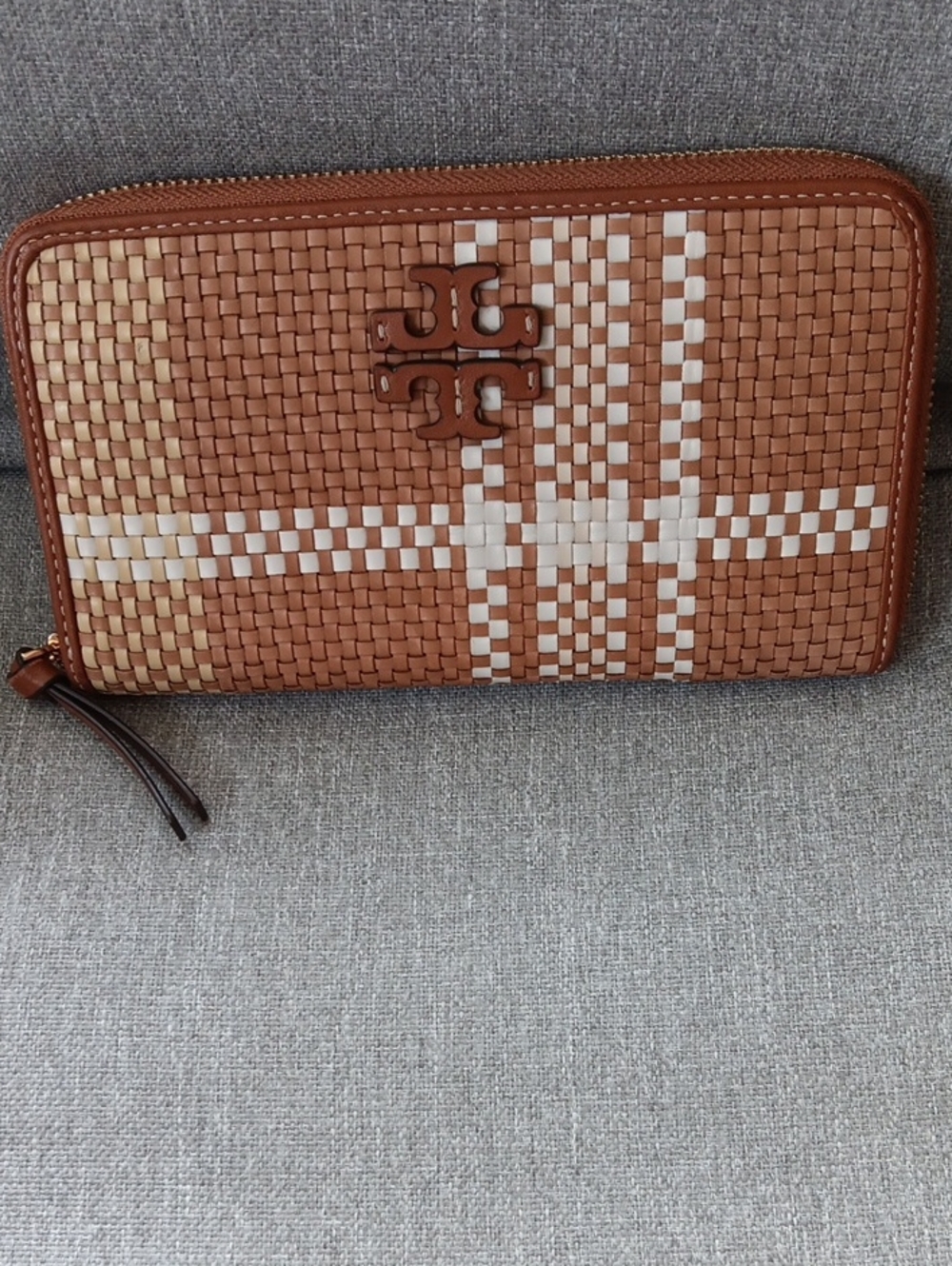 Tory Burch Thea Boho Woven Leather Zip Continental Wallet Cream& Brown with Logo